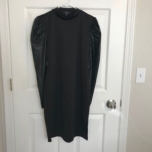 Christmas Vibe Faux-Leather Long Sleeve Mock Neck Midi Knit Dress Size L Black